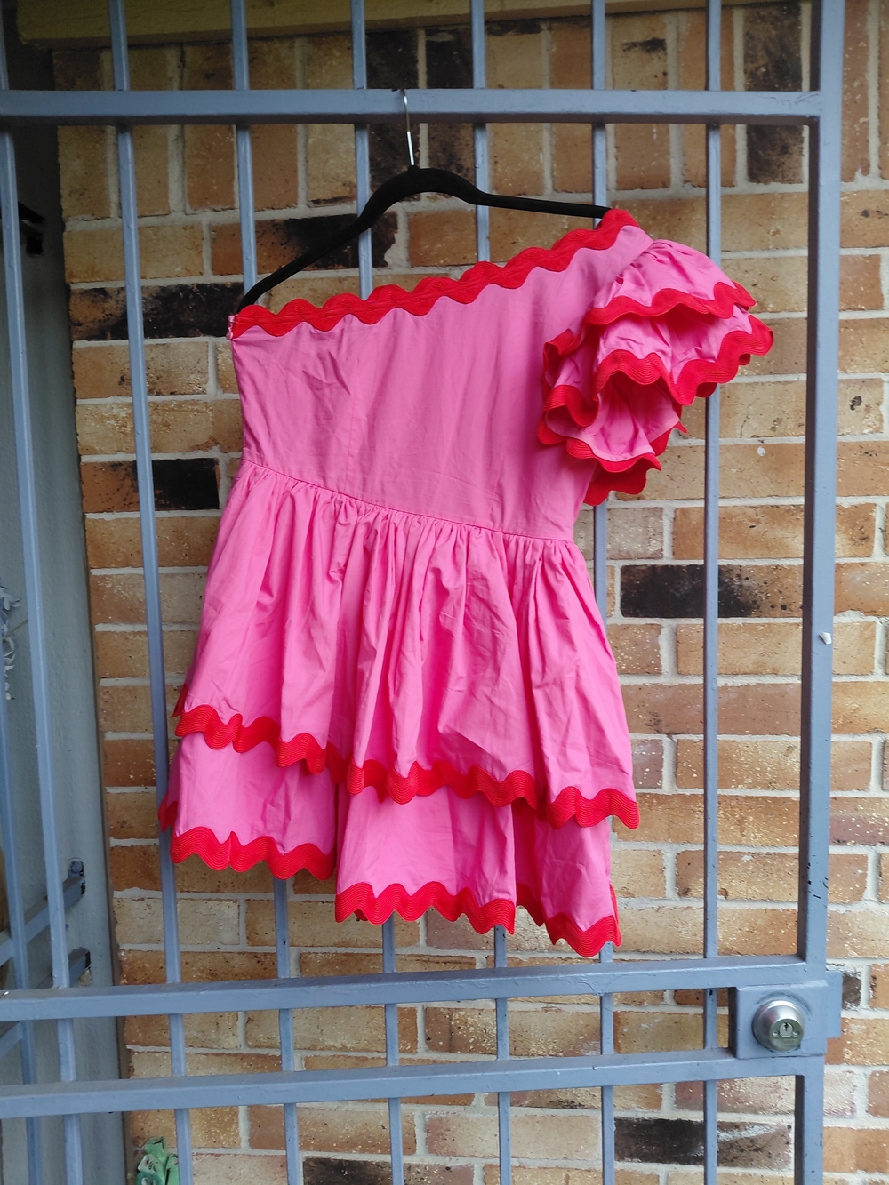 CeliaB Pink One-Shoulder Ruffle Mini Dress with Red Trim